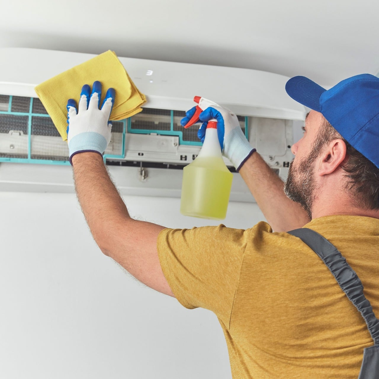 ac repair, ac service, bangalore, repair, service, quick, reliable, technicians, air conditioning, maintenance, fast service, local service, cleaning spray, yellow, filter maintenance, blue cap, work gloves, ai generated