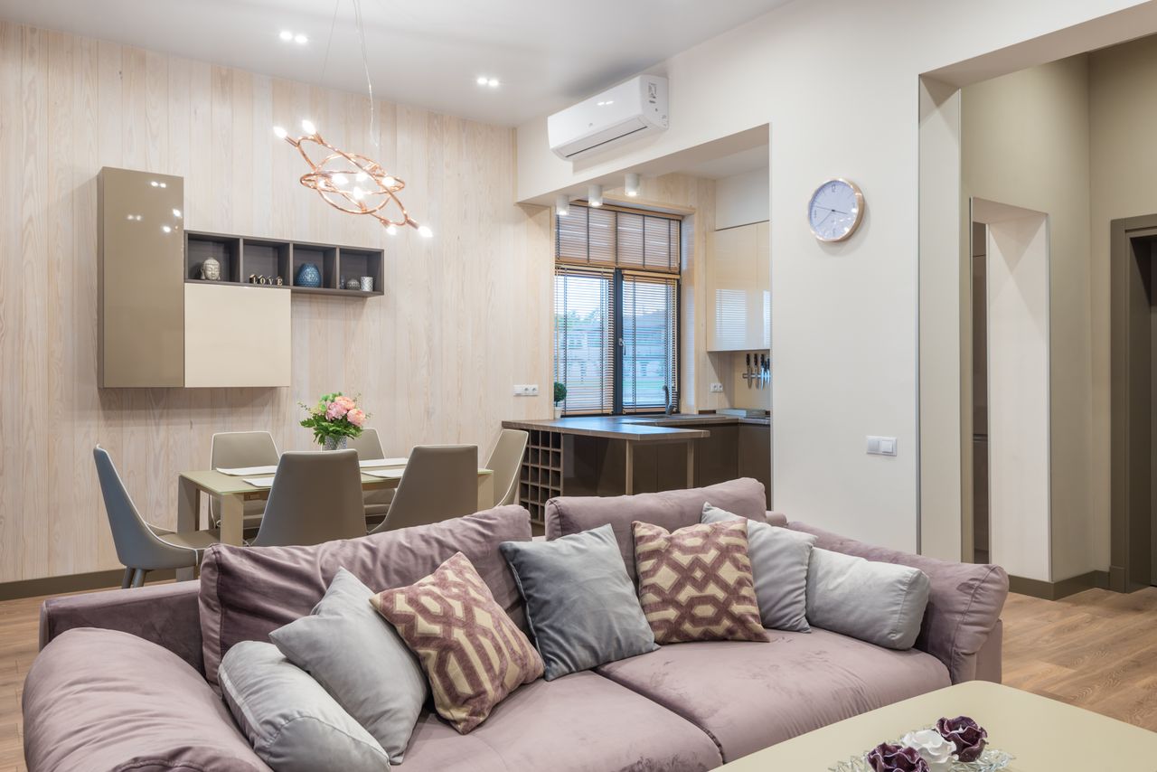 Comfortable couch with soft pillows placed in modern living room with dining room and chairs